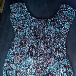 Fashion Bug Teal & Chocolate Paisley Smocked Fairy Whimsical Cap Sleeve Blouse